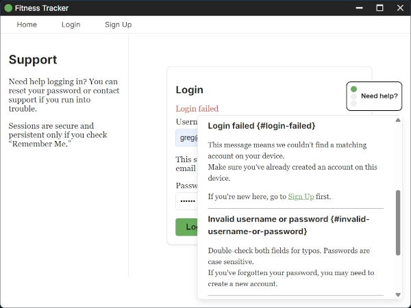 A look at the fitness tracker support tool, showing a support article for a problem logging in