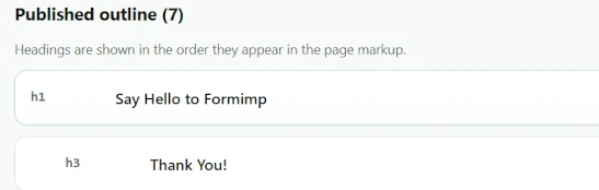 HTML headings on a website, displayed in the order they appear.